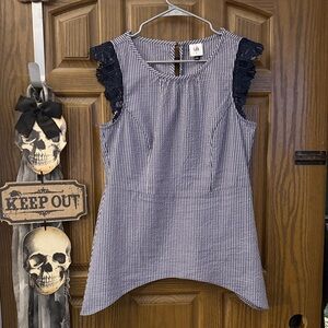 CAbi Navy and White Striped Blouse with Lace Sleeve Accents